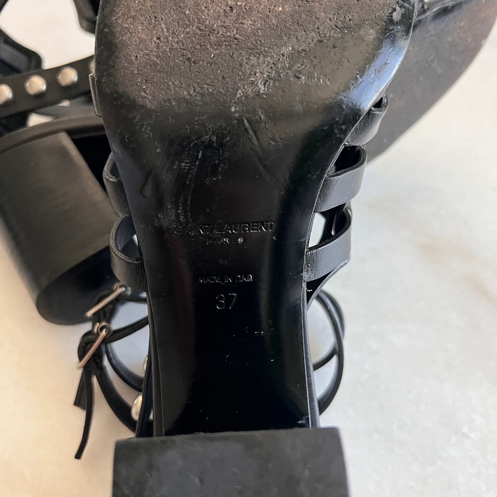 YSL Saint Laurent Calfskin Stud Block Heel Gladiator Sandals Black 37 / US 7 - Picture 12 of 13